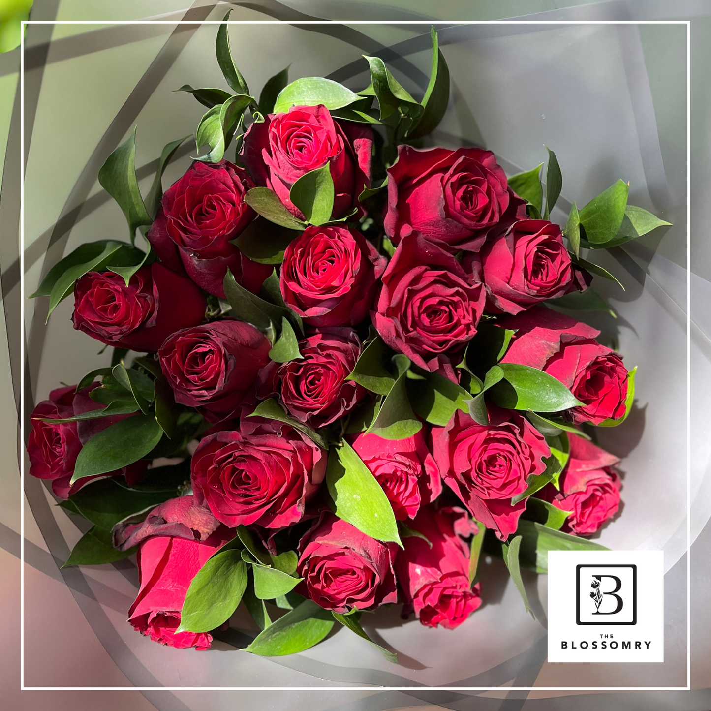 Be my Valentine | Red or Cerise Roses & Ruscus bunch