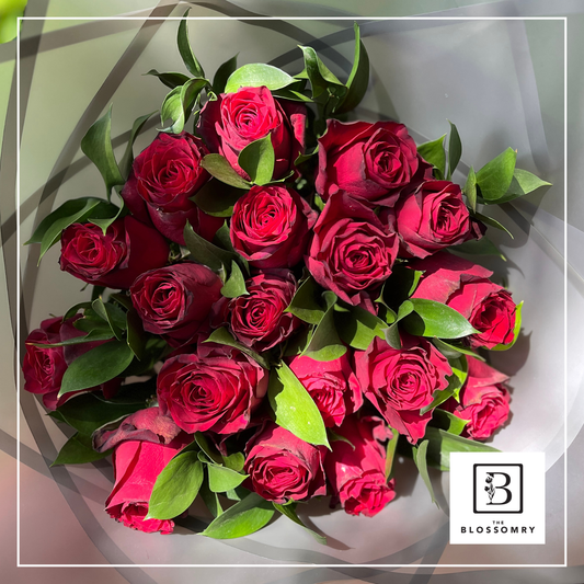 Be my Valentine | Red or Cerise Roses & Ruscus bunch
