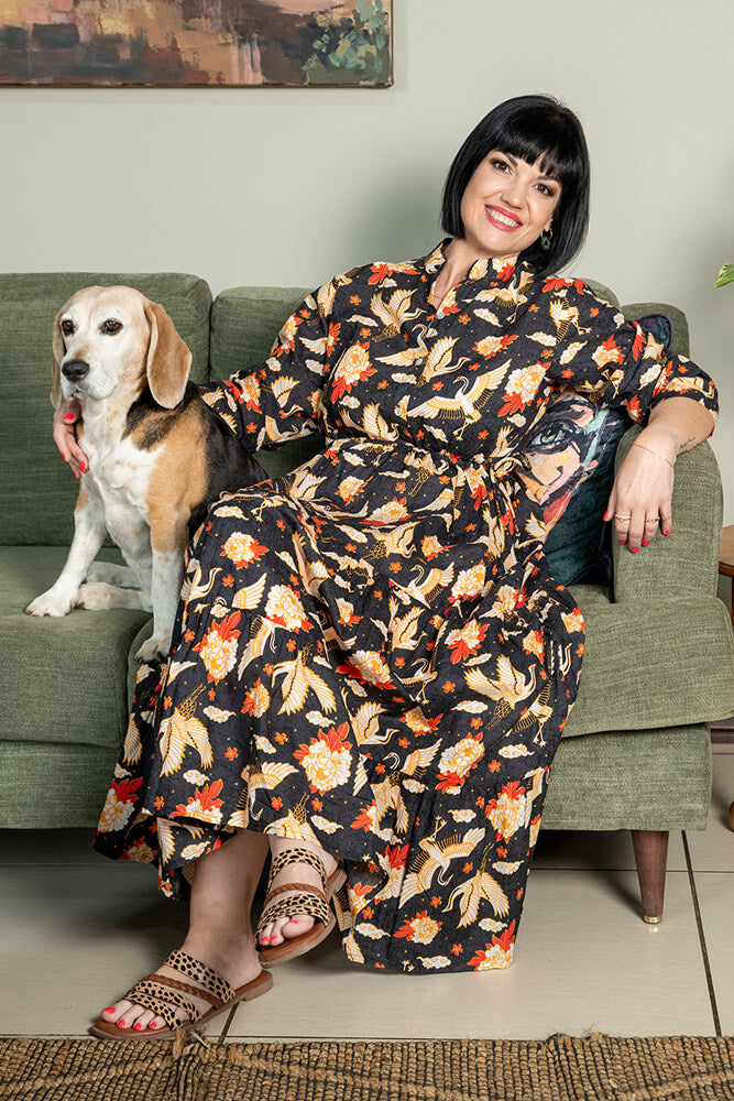 The Blossomry black cotton dress with white and yellow bird print – versatile women’s day-to-night dress