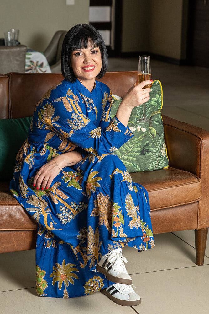 The Blossomry blue cotton dress with gold tree print – unique and stylish women’s dress