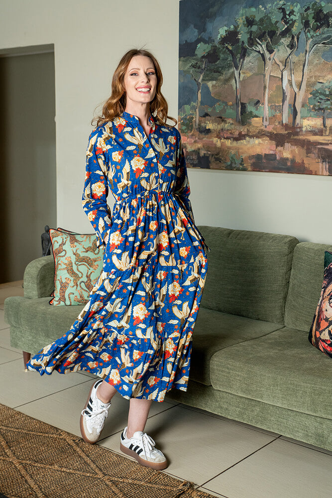 The Blossomry blue cotton dress with white and yellow bird design – light and airy women’s dress