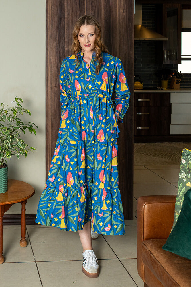 The Blossomry blue cotton dress with pink and yellow bird print – stylish women’s casual dress