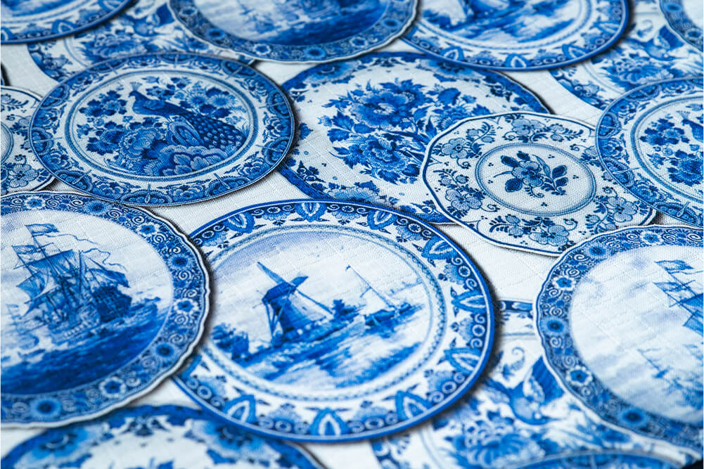 The Blossomry fabric tablecloth with classic blue china plate pattern for dining tables
