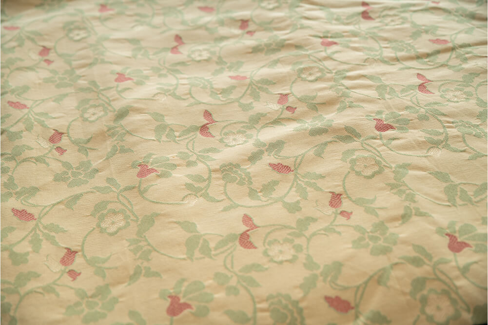 The Blossomry elegant gold fabric tablecloth with red floral design for dining tables