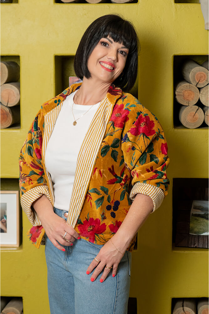 The Blossomry mustard velvet jacket with floral design – versatile women’s jacket for casual or evening outfits
