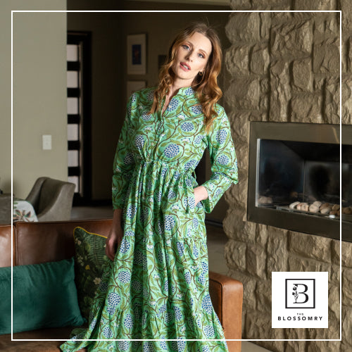 The Blossomry green cotton dress with blue floral print – comfortable and chic women’s dress