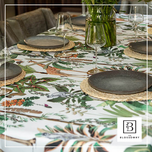 The Blossomry white fabric tablecloth with wild animal pattern for dining tables