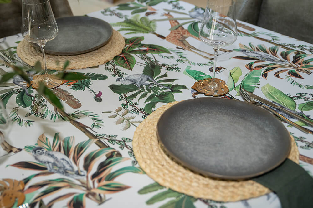 The Blossomry white fabric tablecloth with wild animal pattern for dining tables