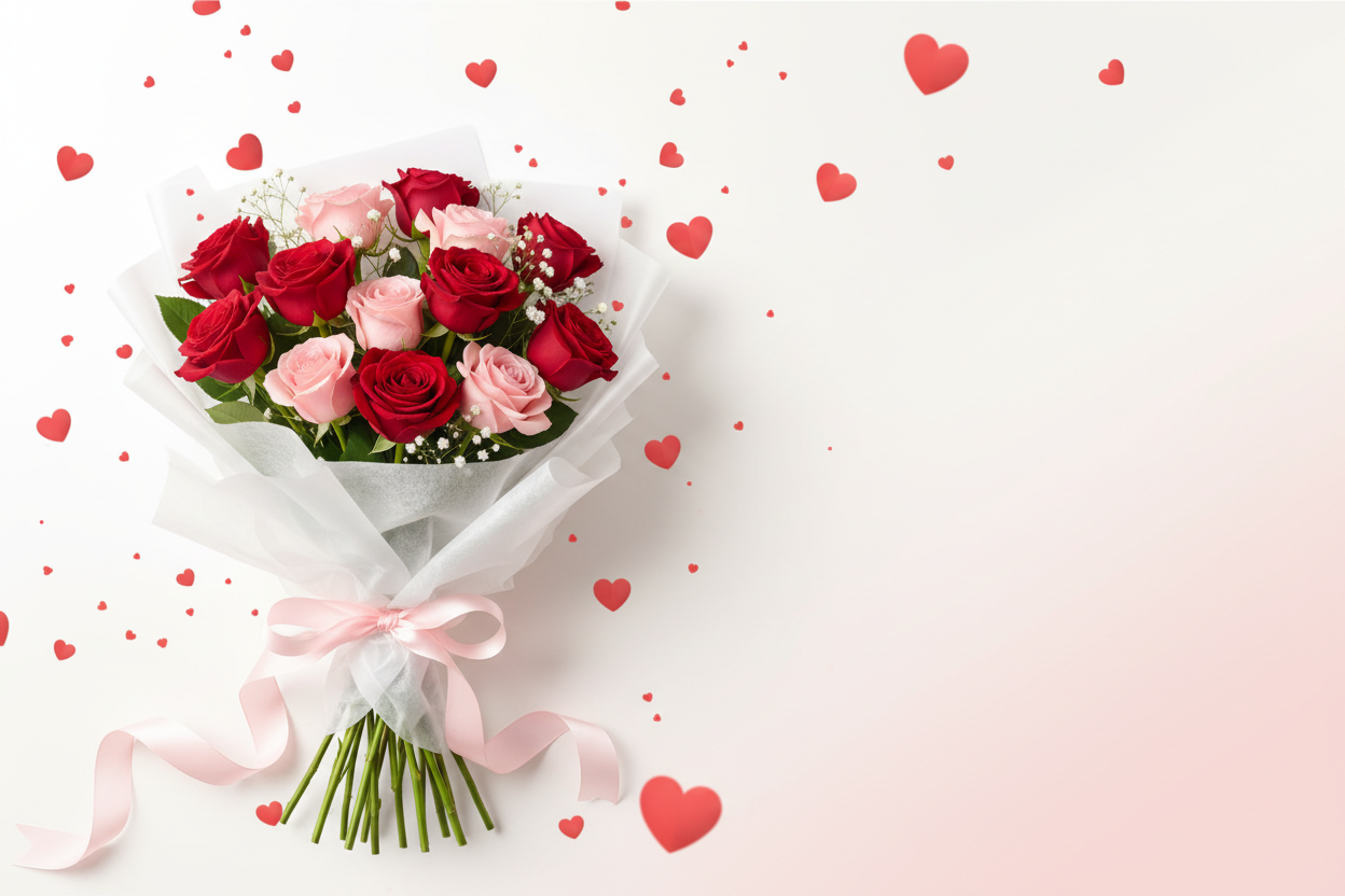 make a banner for valentines. Keep it light and simple. Have a valentines bouquet on the side and lots of red hearts