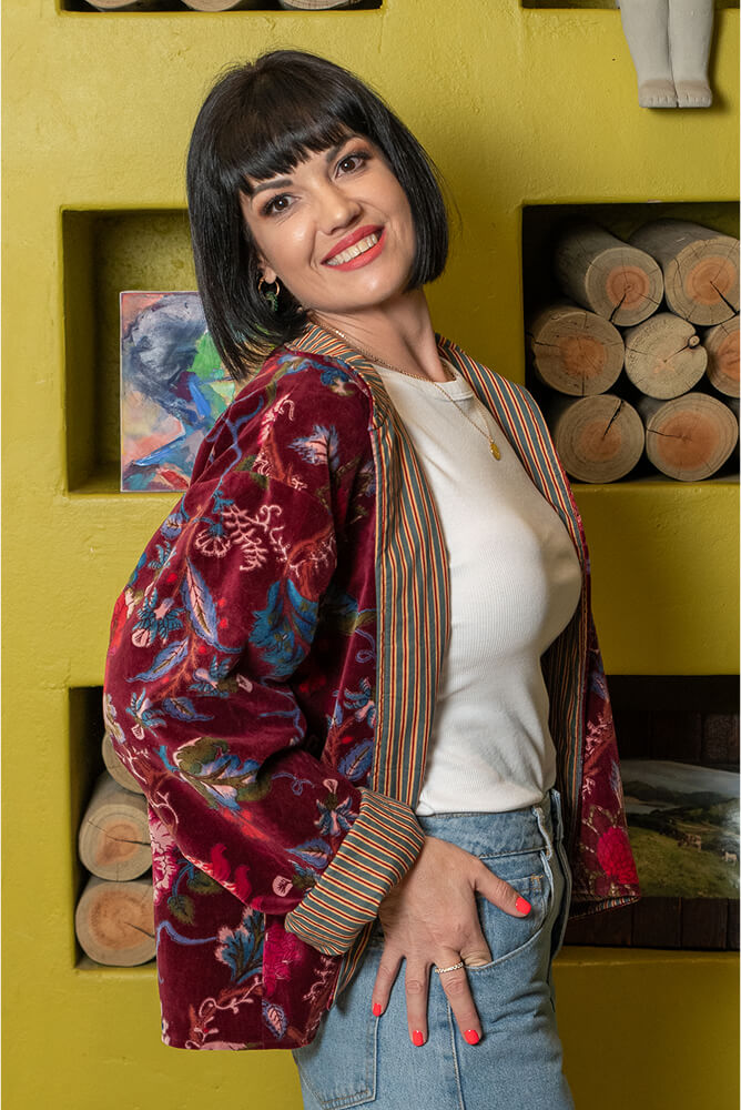 The Blossomry maroon velvet jacket with floral print – warm and stylish women’s jacket for any occasion